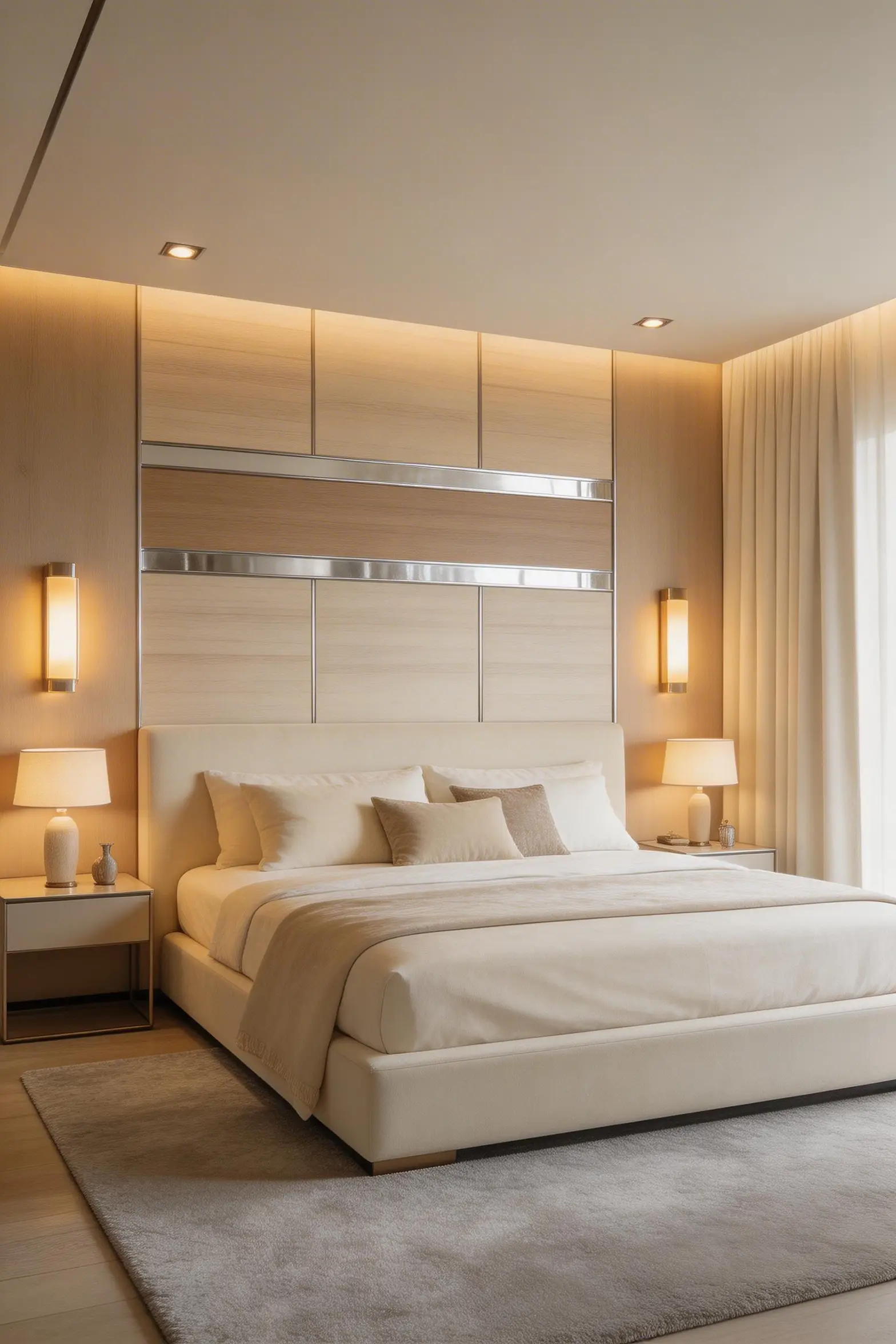Luxury apartment bedroom with a decorative wall panel feature wall
